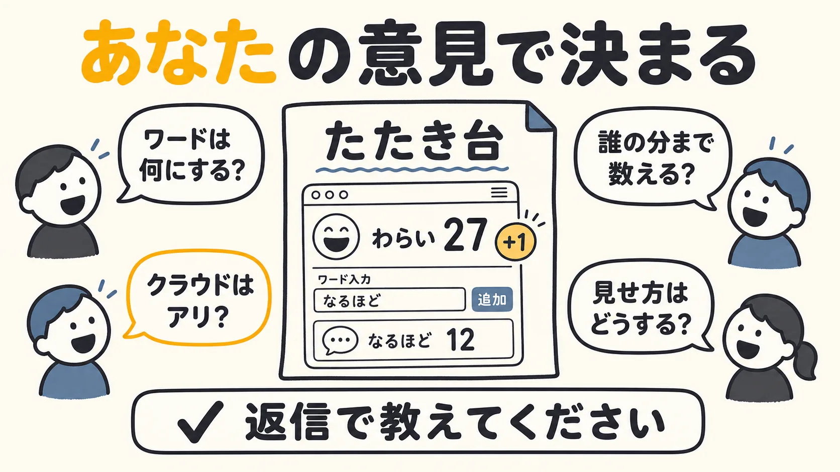 4人がたたき台の紙を囲み、それぞれの吹き出しで意見を出し合っている場面のイラスト